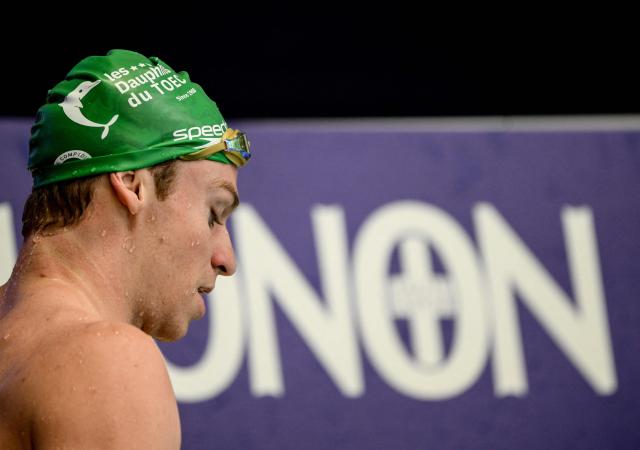 France's Leon Marchand reacts after competing in the 400-metres medley final during the French national swimming championships in Saint-Etienne, south-eastern France on June 27, 2026. (Photo by OLIVIER CHASSIGNOLE / AFP)