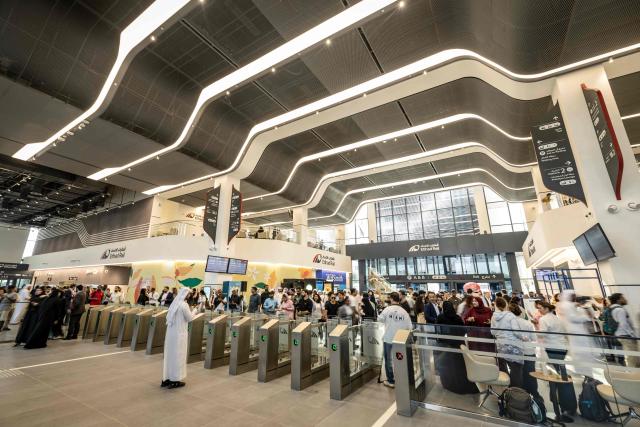 A photograph shows Mohamed bin Zayed City Station in Abu Dhabi on June 30, 2026, on the day of the inaugural journey of the UAE's first passenger train. The passenger service will eventually connect four of the country's seven emirates, with an "introductory operational phase" between Abu Dhabi and Fujairah to begin on June 30, state news agency WAM said earlier this month. The Dubai station will open on September 30, while the main station in the neighbouring emirate of Sharjah is set to be operational on March 30, 2027. (Photo by FADEL SENNA / AFP)