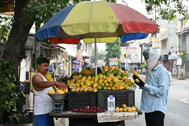 A fruit vendor sells mangoes to a customer in Amritsar on June 30, 2026. (Photo by Narinder NANU / AFP)