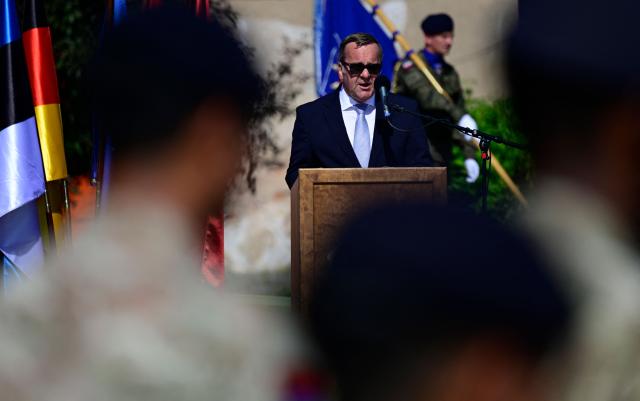 German Defence Minister Boris Pistorius speaks during a NATO Change of Command ceremony on June 30, 2026 in Valka (Latvia) or Valga (Estonia). A joint German-Dutch army corps (1GNC) is taking command of NATO land forces in Latvia and Estonia. Officially transitioning on June 30, 2026, this move establishes a dedicated second corps headquarters on the eastern flank to speed up reinforcements and command combat operations in the Baltic region. (Photo by John MACDOUGALL / AFP)