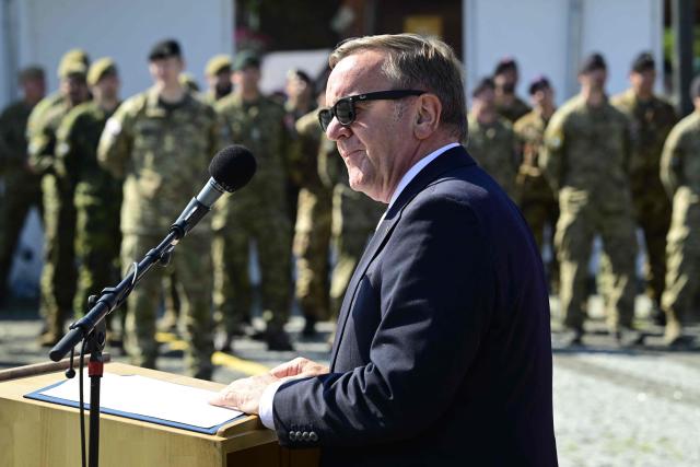 German Defence Minister Boris Pistorius speaks during a NATO Change of Command ceremony on June 30, 2026 in Valka (Latvia) or Valga (Estonia). A joint German-Dutch army corps (1GNC) is taking command of NATO land forces in Latvia and Estonia. Officially transitioning on June 30, 2026, this move establishes a dedicated second corps headquarters on the eastern flank to speed up reinforcements and command combat operations in the Baltic region. (Photo by John MACDOUGALL / AFP)