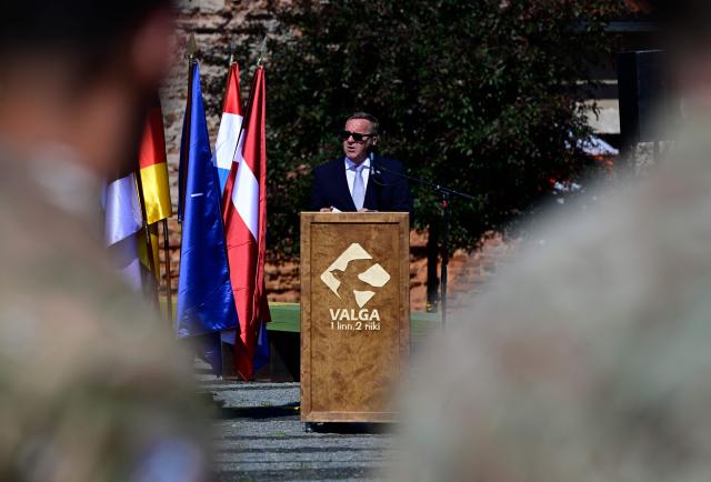 German Defence Minister Boris Pistorius speaks during a NATO Change of Command ceremony on June 30, 2026 in Valka (Latvia) or Valga (Estonia). A joint German-Dutch army corps (1GNC) is taking command of NATO land forces in Latvia and Estonia. Officially transitioning on June 30, 2026, this move establishes a dedicated second corps headquarters on the eastern flank to speed up reinforcements and command combat operations in the Baltic region. (Photo by John MACDOUGALL / AFP)