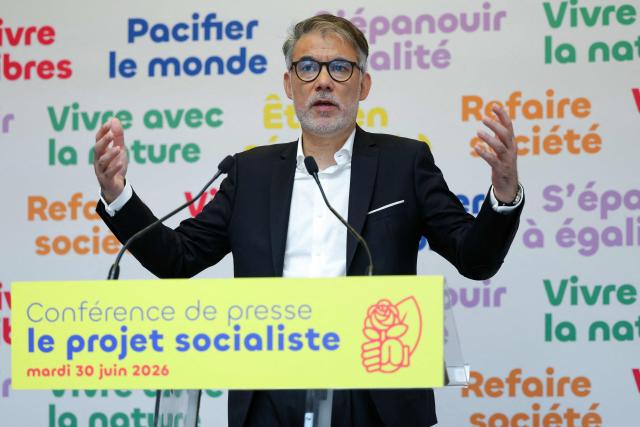 First national secretary of French left-wing Socialist party (PS) Olivier Faure holds a press conference to present the political project adopted by the party in Paris, on June 30, 2026. (Photo by Thomas SAMSON / AFP)