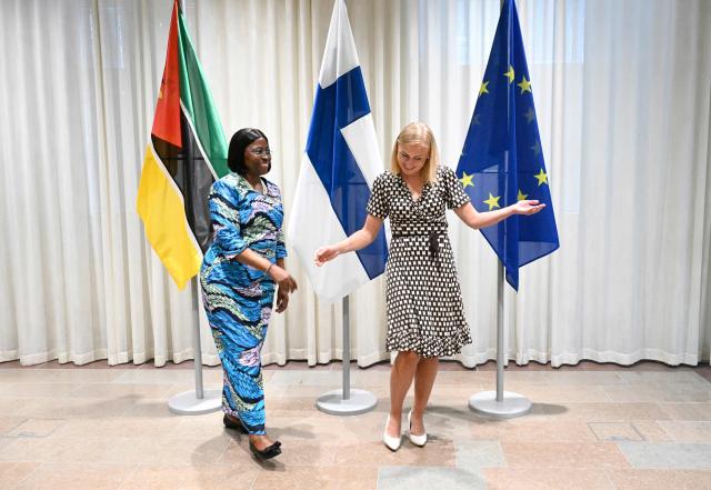 Finnish Foreign Minister Elina Valtonen (R) welcomes her Mozambican counterpart Maria Manuela Lucas as they meet in Helsinki, Finland, on June 30, 2026. (Photo by Heikki Saukkomaa / Lehtikuva / AFP) / Finland OUT