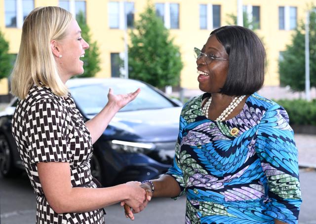 Finnish Foreign Minister Elina Valtonen (L) welcomes her Mozambican counterpart Maria Manuela Lucas as they meet in Helsinki, Finland, on June 30, 2026. (Photo by Heikki Saukkomaa / Lehtikuva / AFP) / Finland OUT