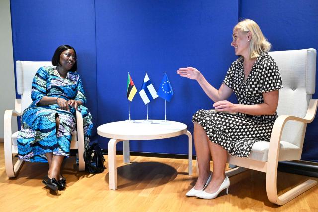 Finnish Foreign Minister Elina Valtonen (R) and her Mozambican counterpart Maria Manuela Lucas have taken seat for talks as they meet in Helsinki, Finland, on June 30, 2026. (Photo by Heikki Saukkomaa / Lehtikuva / AFP) / Finland OUT
