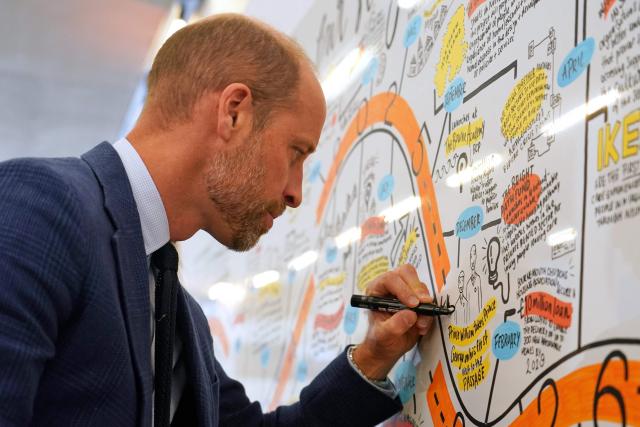 Britain's Prince William, Prince of Wales, signs a board as he attends a special event at the Tate Modern, bringing together the partners, national leaders, businesses and local organisations that make up the Homewards programme in London on June 30, 2026, to mark the third anniversary of the programme. (Photo by Alberto Pezzali / POOL / AFP)