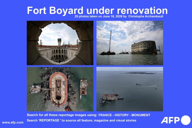 AFP presents a reportage of 29 photos by AFP photographer Christophe Archambault taken at the Fort Boyard under renovation, off the Aix island in the Atlantic Ocean, southwestern France, on June 18, 2026.
Fort Boyard's levelling work started in July 2025, aiming at protecting the fort from marine erosion and creating a flat surface on the seabed to allow the construction of a promontory and a harbor by 2028 to enable tourist boats to dock for visits of the site, listed as a historical monument.. Search for all these reportage images using:
FRANCE-HISTORY-MONUMENT
Search "REPORTAGE" to source all feature, magazine and visual stories. (Photo by Christophe ARCHAMBAULT / AFP)