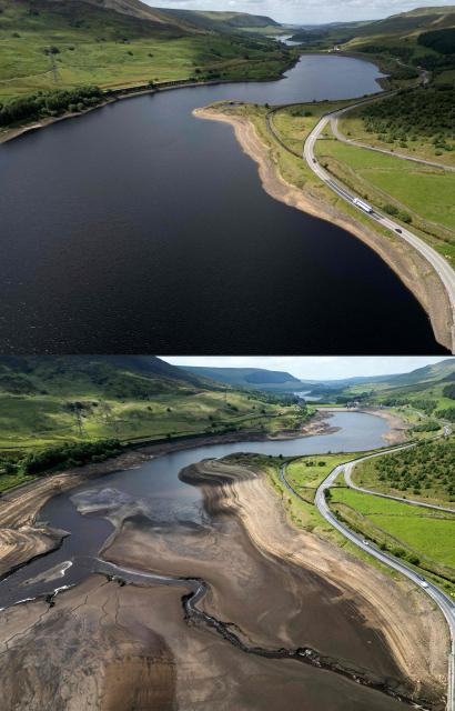 (COMBO) This combination of aerial pictures created on June 30, 2026 shows the high water level (top) at Woodhead Reservoir in Glossop, northern England on June 30, 2026, in contrast to the low levels (bottom), on June 10, in 2025. (Photo by Oli SCARFF / AFP)