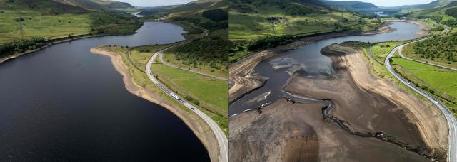 (COMBO) This combination of aerial pictures created on June 30, 2026 shows the high water level (L) at Woodhead Reservoir in Glossop, northern England on June 30, 2026, in contrast to the low levels (R), on June 10, in 2025.  (Photo by Oli SCARFF / AFP)