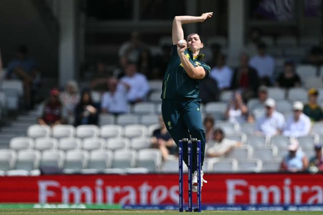 Australia's Lucy Hamilton bowls during the ICC Women's T20 cricket world cup 2026 semi-final game between Australia and West Indies, at The Oval in London on June 30, 2026. (Photo by JUSTIN TALLIS / AFP)
