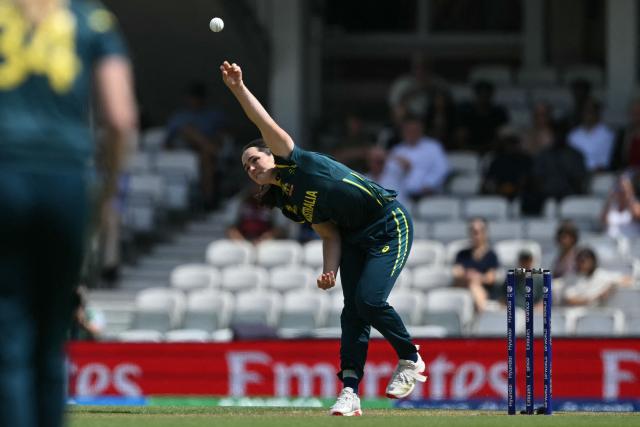 Australia's Lucy Hamilton bowls during the ICC Women's T20 cricket world cup 2026 semi-final game between Australia and West Indies, at The Oval in London on June 30, 2026. (Photo by JUSTIN TALLIS / AFP)