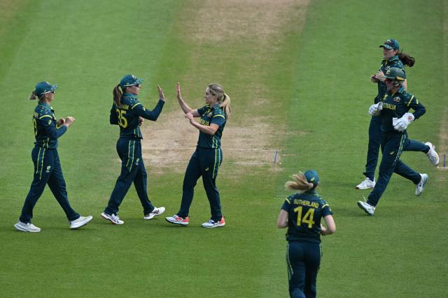 Australia's players celebrate taking the wicket of West Indies' Qiana Joseph during the ICC Women's T20 cricket world cup 2026 semi-final game between Australia and West Indies, at The Oval in London on June 30, 2026. (Photo by JUSTIN TALLIS / AFP)