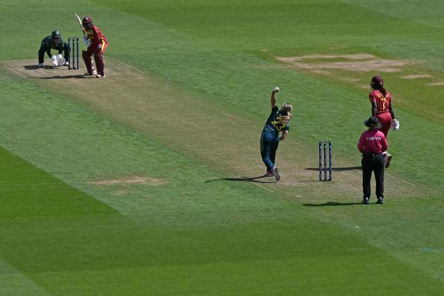Australia's captain Sophie Molineux bowls to West Indies' Shemaine Campbelle during the ICC Women's T20 cricket world cup 2026 semi-final game between Australia and West Indies, at The Oval in London on June 30, 2026. (Photo by JUSTIN TALLIS / AFP)