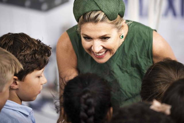 Queen Maxima of The Netherlands meets children during the opening of the battery park at the Maxima power plant of energy company Engie in Lelystad on June 30, 2026. (Photo by Remko de Waal / ANP / AFP) / Netherlands OUT