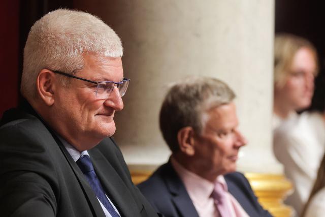 Les Democrates' MP Olivier Falorni (L) looks on during a session debate on the new draft law regarding the end-of-life, also known as the right to assisted dying, before the formal vote at The National Assembly, France's lower house of parliament in Paris on June 30, 2026. (Photo by Kenzo TRIBOUILLARD / AFP)