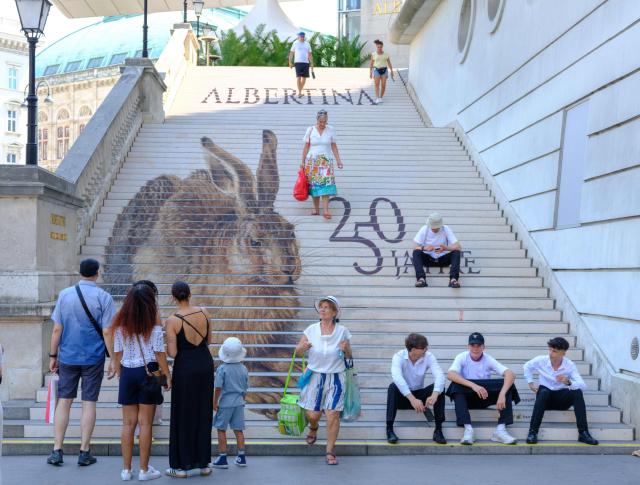 A large reproduction of one of the most famous and celebrated masterpieces of the Northern Renaissance Albrecht Duerer’s Young Hare (1502)(housed at the Albertina Museum in Vienna) is seen on a stairway to the Albertina art gallery while visitors pass in Vienna, Austria, on June 30, 2026. (Photo by Joe KLAMAR / AFP)
