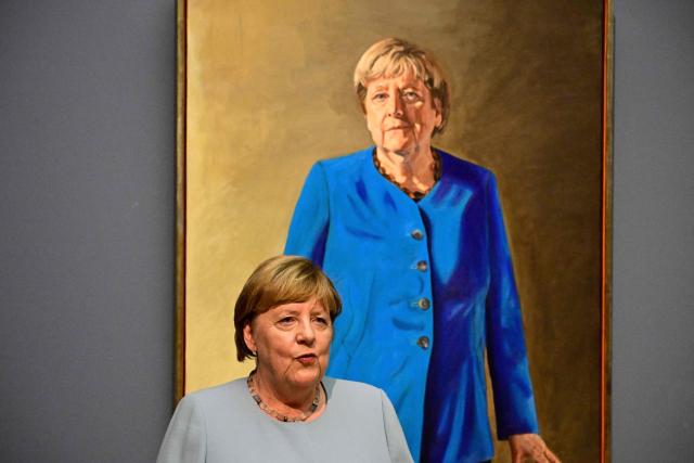 Former German chancellor Angela Merkel speaks during the presentation of the painting “Portrait of former Federal Chancellor Angela Merkel” by French-German artist Jeremie Queyras at the Bode Museum in Berlin on June 30, 2026. (Photo by Tobias SCHWARZ / AFP)