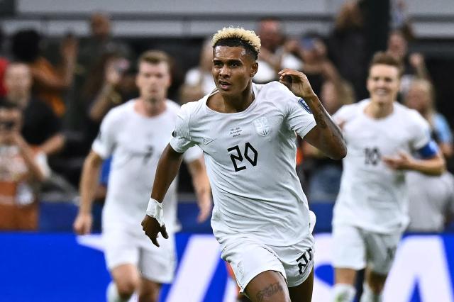 Norway's midfielder #20 Antonio Nusa  celebrates   after scoring the opening goal during the 2026 World Cup round of 32 football match between Ivory Coast and Norway at the Dallas Stadium in Arlington on June 30, 2026.  (Photo by Paul ELLIS / AFP)
