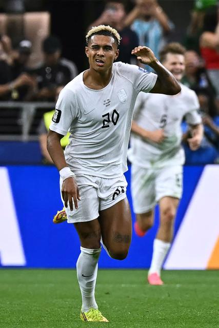 Norway's midfielder #20 Antonio Nusa  celebrates   after scoring the opening goal during the 2026 World Cup round of 32 football match between Ivory Coast and Norway at the Dallas Stadium in Arlington on June 30, 2026.  (Photo by Paul ELLIS / AFP)