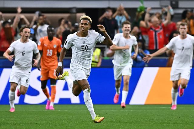 Norway's midfielder #20 Antonio Nusa  celebrates after scoring the opening goal during the 2026 World Cup round of 32 football match between Ivory Coast and Norway at the Dallas Stadium in Arlington on June 30, 2026.  (Photo by Paul ELLIS / AFP)