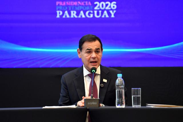 Paraguayan Minister of Foreign Affairs Reben Ramirez Lezcano speaks during the 68th Mercosur Heads of State summit at the Conmebol headquarters, in Luque, Paraguay on June 30, 2026. (Photo by DANIEL DUARTE / AFP)