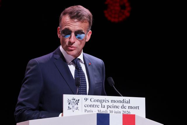 France's President Emmanuel Macron delivers a speech during the 9th World Congress Against the Death Penalty in Paris, France, on June 30, 2026. (Photo by Christophe PETIT TESSON / POOL / AFP)