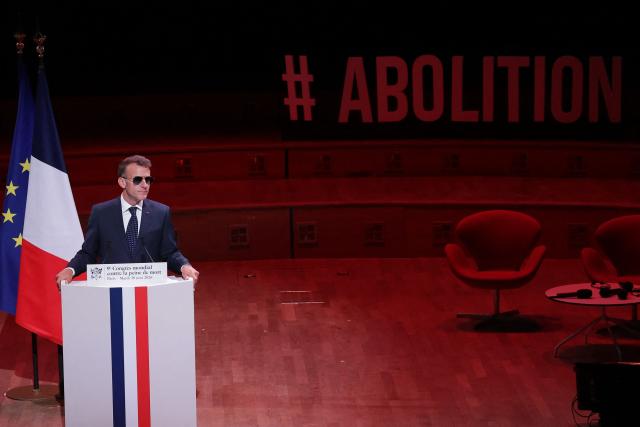 France's President Emmanuel Macron delivers a speech during the 9th World Congress Against the Death Penalty in Paris, France, on June 30, 2026. (Photo by Christophe PETIT TESSON / POOL / AFP)