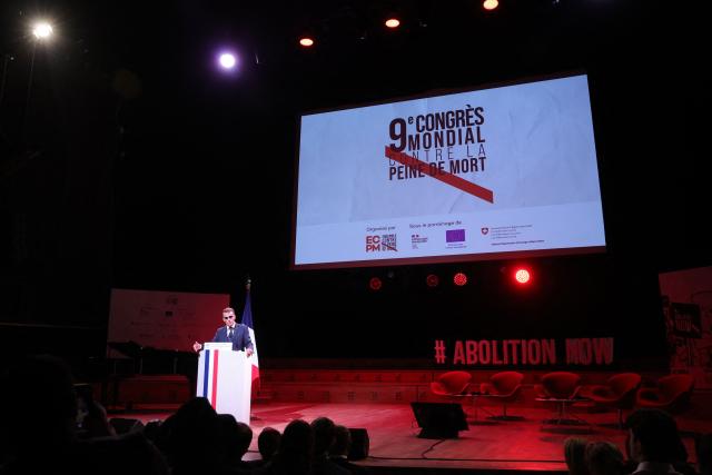 France's President Emmanuel Macron delivers a speech during the 9th World Congress Against the Death Penalty in Paris, France, on June 30, 2026. (Photo by Christophe PETIT TESSON / POOL / AFP)