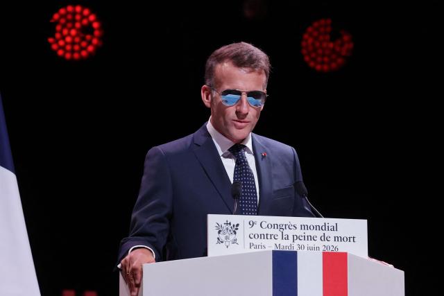 France's President Emmanuel Macron delivers a speech during the 9th World Congress Against the Death Penalty in Paris, France, on June 30, 2026. (Photo by Christophe PETIT TESSON / POOL / AFP)
