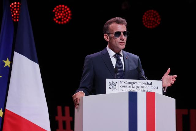 France's President Emmanuel Macron delivers a speech during the 9th World Congress Against the Death Penalty in Paris, France, on June 30, 2026. (Photo by Christophe PETIT TESSON / POOL / AFP)