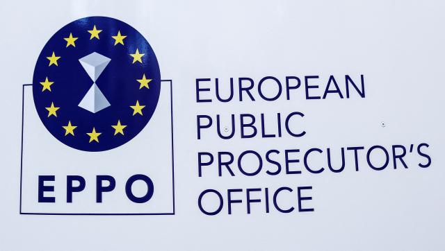 (FILES) A photo shows the logo of the European Public Prosecutors' Office (EPPO) at the EPPO headquarters in Luxembourg, on June 1, 2021. EU prosecutors said on June 30, 2026 they were conducting searches in France and other countries into alleged misappropriation of EU funds by members of the European parliament's far-right Identity and Democracy (ID) group, "as part of an ongoing investigation into the use of EU funds by a former political group of the European Parliament between 2019 and 2024." (Photo by Kenzo TRIBOUILLARD / AFP)