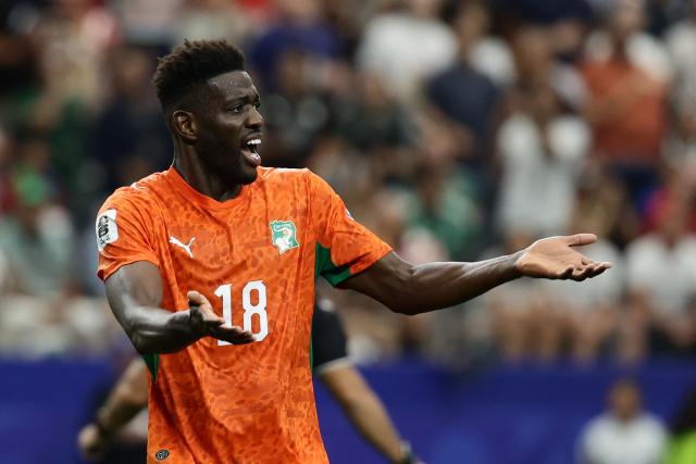 Ivory Coast's midfielder #18 Ibrahim Sangare reacts during the 2026 World Cup round of 32 football match between Ivory Coast and Norway at the Dallas Stadium in Arlington on June 30, 2026.  (Photo by Aric Becker / AFP)