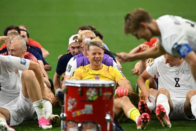 Norway's players celebrate after winning the 2026 World Cup round of 32 football match between Ivory Coast and Norway at the Dallas Stadium in Arlington on June 30, 2026.  (Photo by Paul ELLIS / AFP)