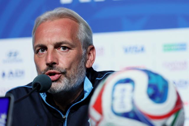 Congo DR's French head coach Sebastien Desabre gives an MD-1 press conference at Atlanta Stadium in Atlanta on June 30, 2026, on the eve of the 2026 World Cup round of 32 football match between England and Democratic Republic of the Congo. (Photo by Odd ANDERSEN / AFP)