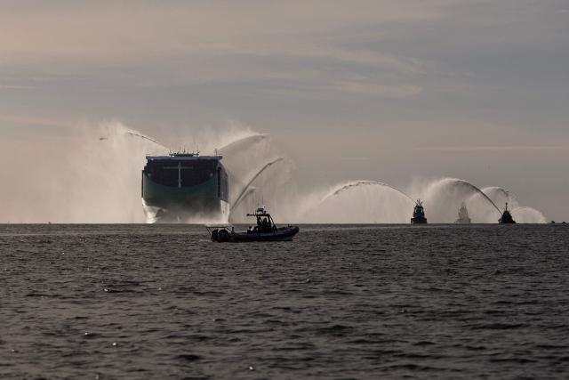 The CMA-CGM container ship the "Notre Dame", France's largest container ship, approaches the northern port of Le Havre escorted by tugboats on June 29, 2026. With 400 meters long, 62 meters wide, and 75 meters high, the CMA CGM Notre-Dame is designed to carry up to 24,212 containers. (Photo by Alain JOCARD / AFP)