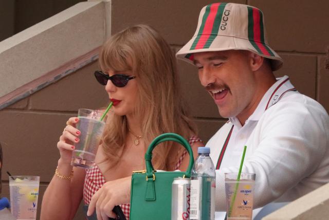 (FILES) US singer-songwriter Taylor Swift and US NFL football player Travis Kelce attend the men's final match between Italy's Jannik Sinner and USA's Taylor Fritz on day fourteen of the US Open tennis tournament at the USTA Billie Jean King National Tennis Center in New York City, on September 8, 2024. Increasing signs point to a mega-bash for the A-list celebrity couple Taylor Swift and Travis Kelce at Madison Square Garden this week. Rumors have run rampant for weeks that the 36-year-old pop superstar and the three-time NFL Super Bowl winner, both 36, could wed at the storied sports arena, home to the New York Knicks, the newly crowned NBA champions. (Photo by TIMOTHY A. CLARY / AFP)