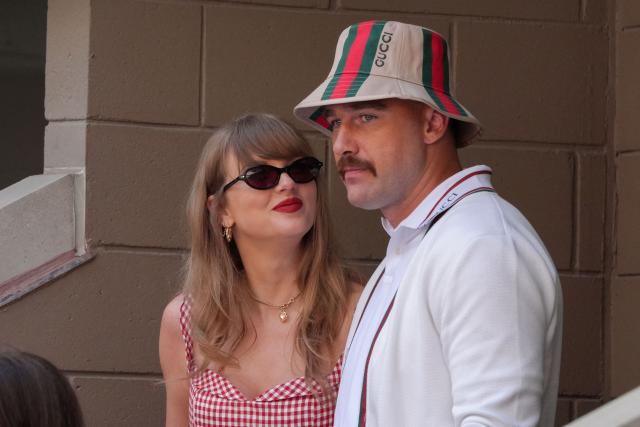 (FILES) US singer-songwriter Taylor Swift (L) and US NFL football player Travis Kelce (R) attend the men's final match between Italy's Jannik Sinner and USA's Taylor Fritz on day fourteen of the US Open tennis tournament at the USTA Billie Jean King National Tennis Center in New York City, on September 8, 2024. Increasing signs point to a mega-bash for the A-list celebrity couple Taylor Swift and Travis Kelce at Madison Square Garden this week. Rumors have run rampant for weeks that the 36-year-old pop superstar and the three-time NFL Super Bowl winner, both 36, could wed at the storied sports arena, home to the New York Knicks, the newly crowned NBA champions. (Photo by TIMOTHY A. CLARY / AFP)