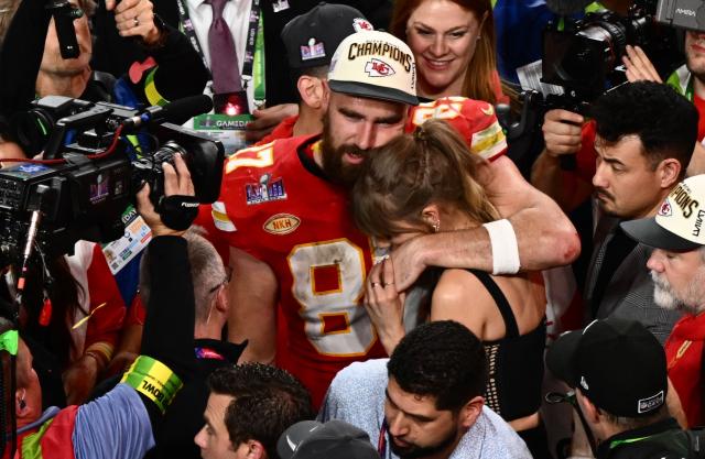 (FILES) US singer-songwriter Taylor Swift and Kansas City Chiefs' tight end #87 Travis Kelce embrace after the Chiefs won Super Bowl LVIII against the San Francisco 49ers at Allegiant Stadium in Las Vegas, Nevada, February 11, 2024. Increasing signs point to a mega-bash for the A-list celebrity couple Taylor Swift and Travis Kelce at Madison Square Garden this week. Rumors have run rampant for weeks that the 36-year-old pop superstar and the three-time NFL Super Bowl winner, both 36, could wed at the storied sports arena, home to the New York Knicks, the newly crowned NBA champions. (Photo by Patrick T. Fallon / AFP)