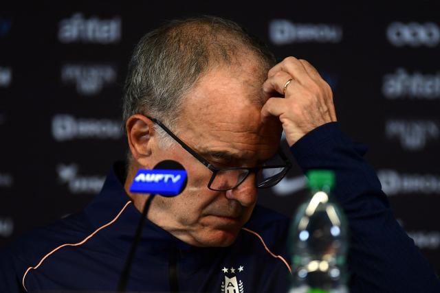 Uruguay's Argentine head coach Marcelo Bielsa gestures during a press conference at the Centenario Stadium in Montevideo on June 30, 2026. (Photo by Dante FERNANDEZ / AFP)
