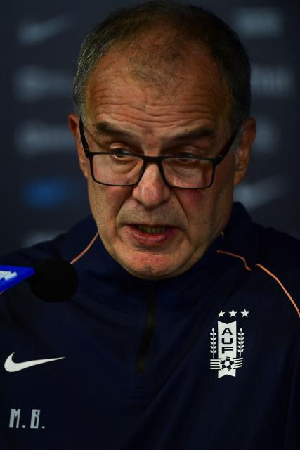 Uruguay's Argentine head coach Marcelo Bielsa speaks during a press conference at the Centenario Stadium in Montevideo on June 30, 2026. (Photo by Dante FERNANDEZ / AFP)