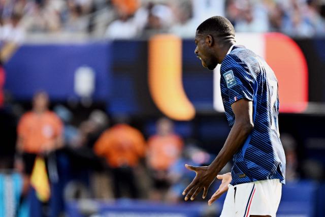 France's forward #07 Ousmane Dembele reacts to a missed chance during the 2026 World Cup round of 32 football match between France and Sweden at the New York/New Jersey Stadium in East Rutherford on June 30, 2026.  (Photo by Jewel SAMAD / AFP)