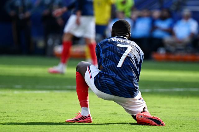 France's forward #07 Ousmane Dembele reacts to a missed chance during the 2026 World Cup round of 32 football match between France and Sweden at the New York/New Jersey Stadium in East Rutherford on June 30, 2026.  (Photo by Jewel SAMAD / AFP)