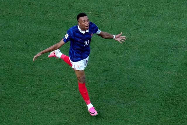 France's forward #10 Kylian Mbappe celebrates scoring his team's first goal during the 2026 World Cup round of 32 football match between France and Sweden at the New York/New Jersey Stadium in East Rutherford on June 30, 2026.  (Photo by TIMOTHY A. CLARY / AFP)