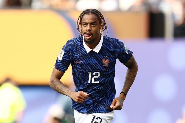 France's forward #12 Bradley Barcola celebrates scoring his team's second goal during the 2026 World Cup round of 32 football match between France and Sweden at the New York/New Jersey Stadium in East Rutherford on June 30, 2026.  (Photo by CHARLY TRIBALLEAU / AFP)