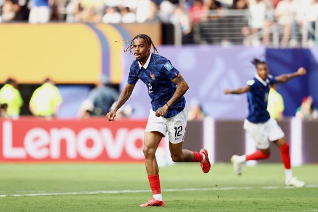 France's forward #12 Bradley Barcola celebrates scoring his team's second goal during the 2026 World Cup round of 32 football match between France and Sweden at the New York/New Jersey Stadium in East Rutherford on June 30, 2026.  (Photo by CHARLY TRIBALLEAU / AFP)