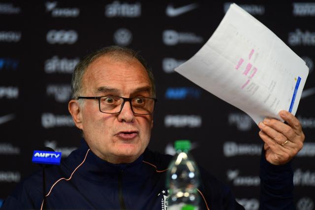 Uruguay's Argentine head coach Marcelo Bielsa gestures during a press conference at the Centenario Stadium in Montevideo on June 30, 2026. (Photo by Dante FERNANDEZ / AFP)