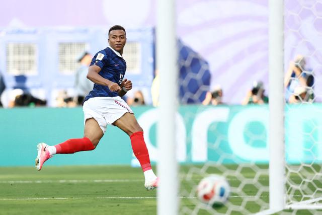 France's forward #10 Kylian Mbappe scores his team's third goal during the 2026 World Cup round of 32 football match between France and Sweden at the New York/New Jersey Stadium in East Rutherford on June 30, 2026.  (Photo by CHARLY TRIBALLEAU / AFP)