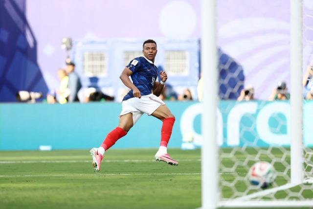 France's forward #10 Kylian Mbappe scores his team's third goal during the 2026 World Cup round of 32 football match between France and Sweden at the New York/New Jersey Stadium in East Rutherford on June 30, 2026.  (Photo by CHARLY TRIBALLEAU / AFP)