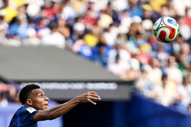 France's forward #10 Kylian Mbappe looks at the ball during the 2026 World Cup round of 32 football match between France and Sweden at the New York/New Jersey Stadium in East Rutherford on June 30, 2026.  (Photo by Jewel SAMAD / AFP)